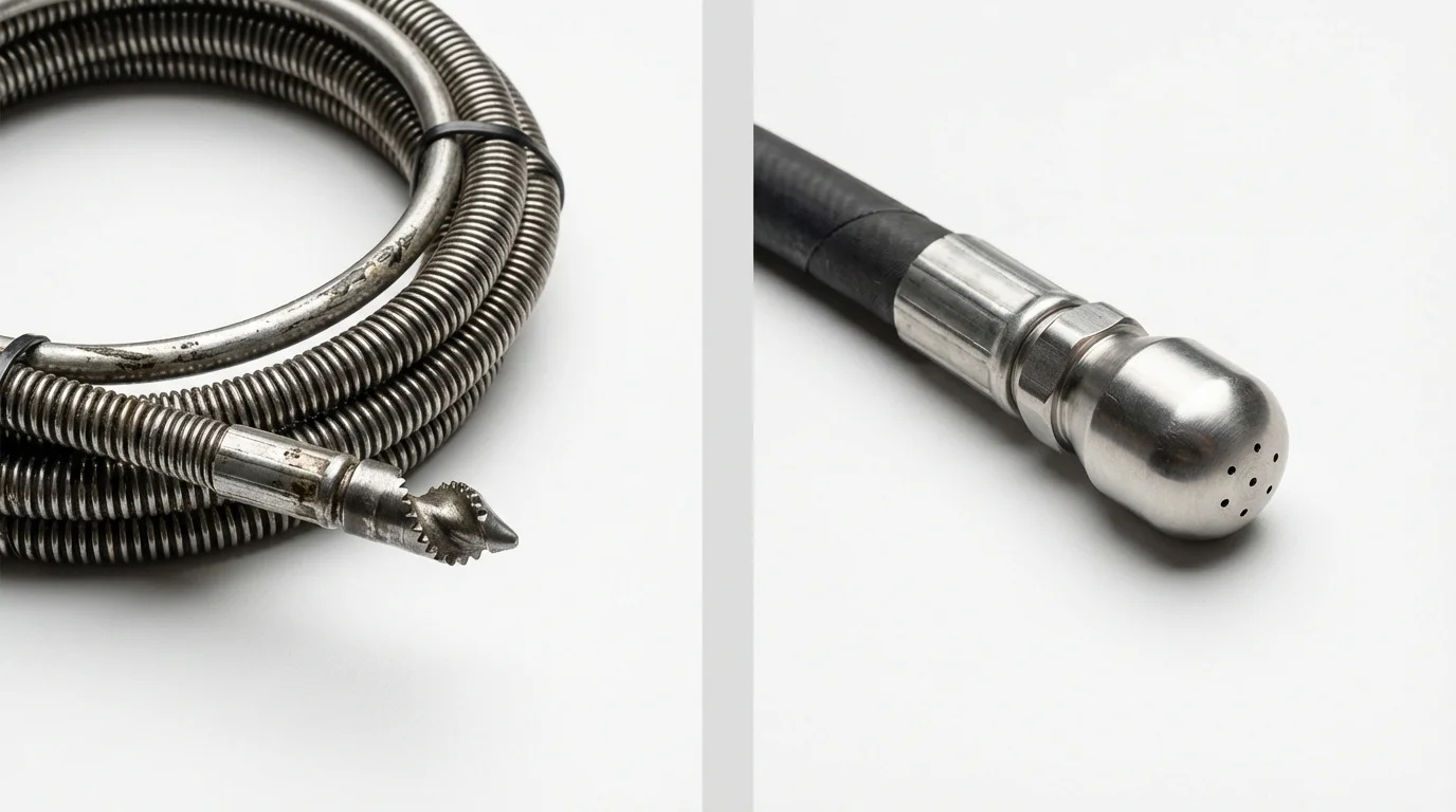 Drain snake cable and hydro jetting nozzle used for drain cleaning in Glendale, CA